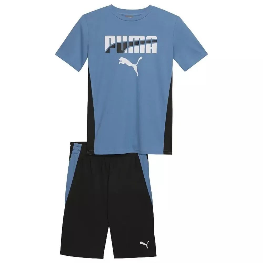 PUMA 2-Piece Interlock Mesh Performance Tee & Shorts Set Boys Medium 10/12 Blue